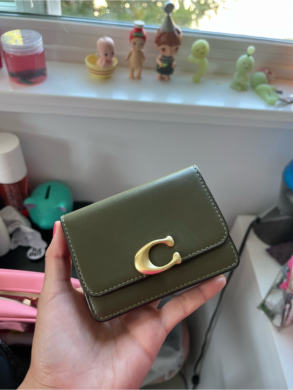 Coach Olive Green Leather Mini Wallet with Gold 'C' Accent